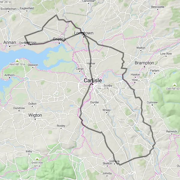 Map miniature of "Gretna to Carlisle Circuit" cycling inspiration in Southern Scotland, United Kingdom. Generated by Tarmacs.app cycling route planner