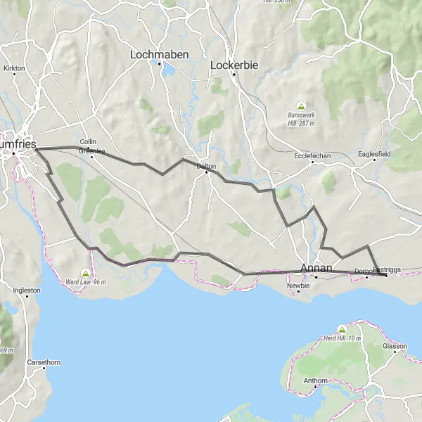 Map miniature of "Annan to Brydekirk" cycling inspiration in Southern Scotland, United Kingdom. Generated by Tarmacs.app cycling route planner