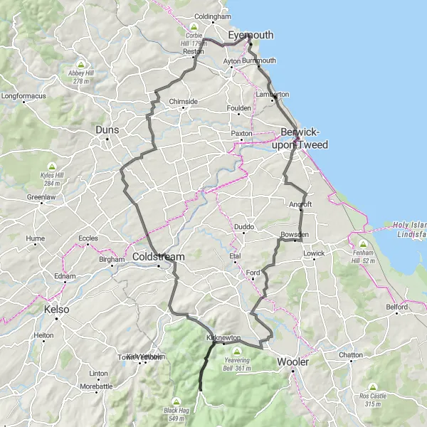 Map miniature of "The Borderlands Adventure" cycling inspiration in Southern Scotland, United Kingdom. Generated by Tarmacs.app cycling route planner