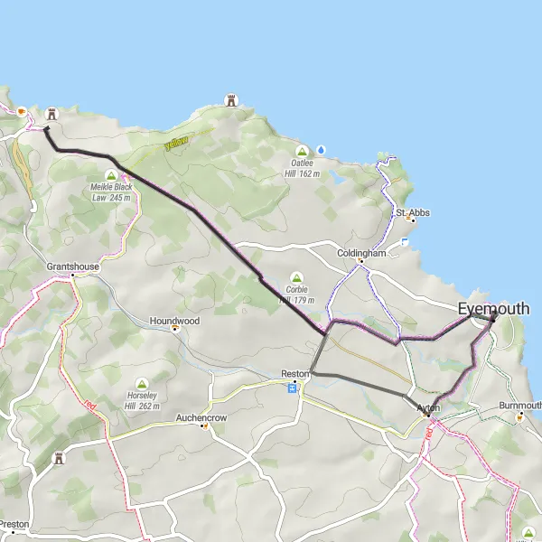 Map miniature of "Eyemouth Loop" cycling inspiration in Southern Scotland, United Kingdom. Generated by Tarmacs.app cycling route planner