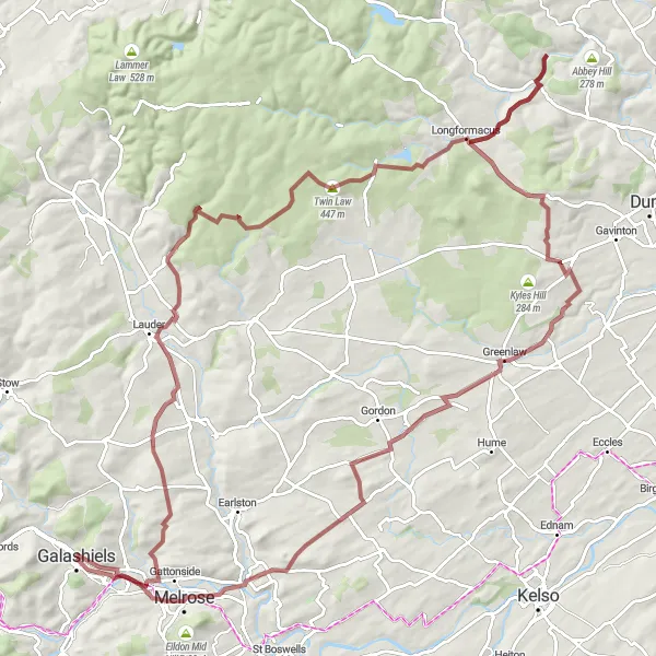 Map miniature of "The Galashiels Gravel Adventure" cycling inspiration in Southern Scotland, United Kingdom. Generated by Tarmacs.app cycling route planner