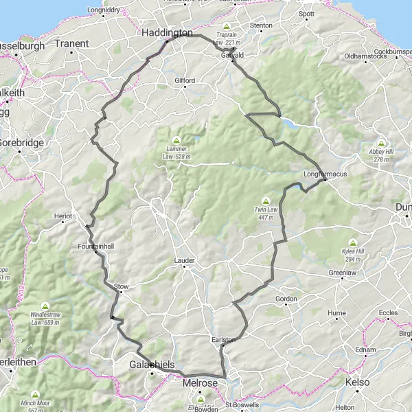 Map miniature of "Galashiels to Earlston Road Route" cycling inspiration in Southern Scotland, United Kingdom. Generated by Tarmacs.app cycling route planner