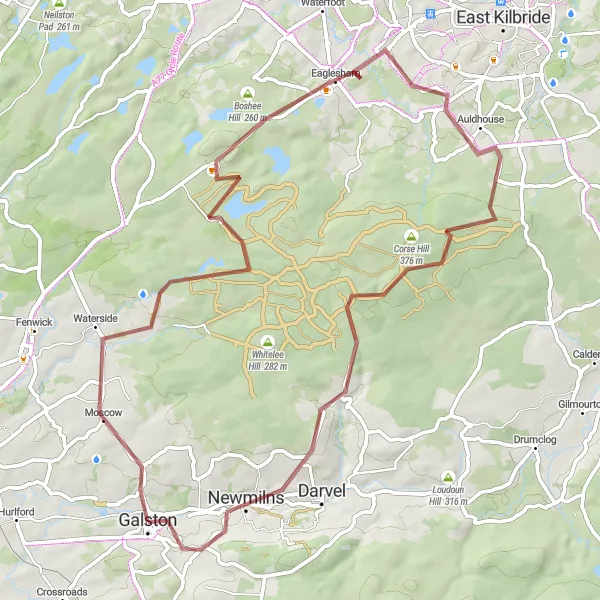 Map miniature of "Galston and Moscow Gravel Loop" cycling inspiration in Southern Scotland, United Kingdom. Generated by Tarmacs.app cycling route planner