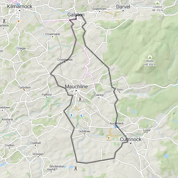 Map miniature of "Galston to Sorn Loop" cycling inspiration in Southern Scotland, United Kingdom. Generated by Tarmacs.app cycling route planner