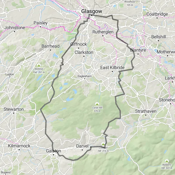 Map miniature of "Galston and Loudoun Hill Road Loop" cycling inspiration in Southern Scotland, United Kingdom. Generated by Tarmacs.app cycling route planner