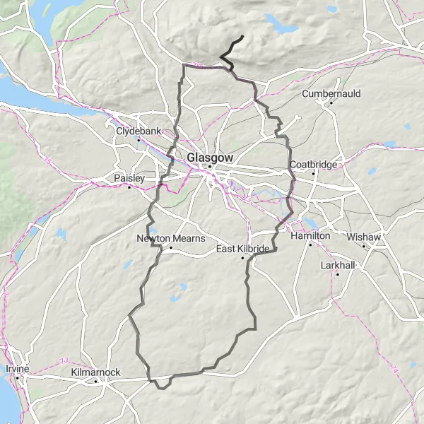 Map miniature of "Galston and Strathblane Road Loop" cycling inspiration in Southern Scotland, United Kingdom. Generated by Tarmacs.app cycling route planner