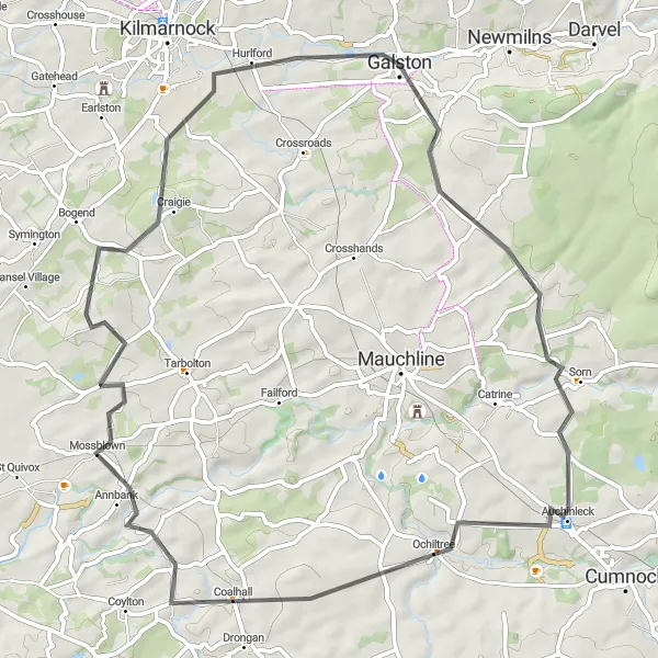 Map miniature of "Galston and Sorn Road Loop" cycling inspiration in Southern Scotland, United Kingdom. Generated by Tarmacs.app cycling route planner