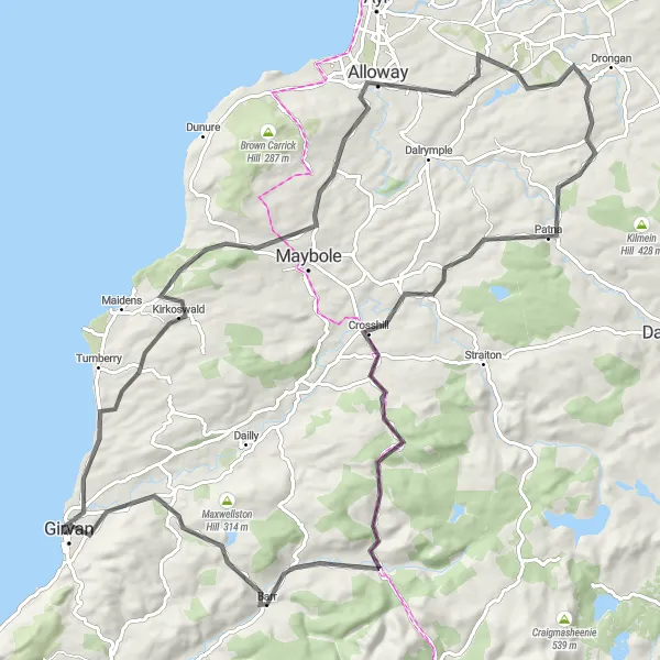 Map miniature of "The Girvan Adventure" cycling inspiration in Southern Scotland, United Kingdom. Generated by Tarmacs.app cycling route planner