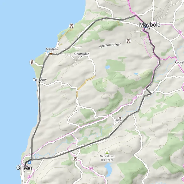 Map miniature of "The Scenic Escape" cycling inspiration in Southern Scotland, United Kingdom. Generated by Tarmacs.app cycling route planner