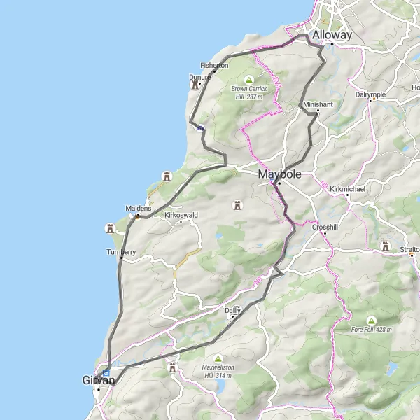 Map miniature of "Coastal Delight" cycling inspiration in Southern Scotland, United Kingdom. Generated by Tarmacs.app cycling route planner