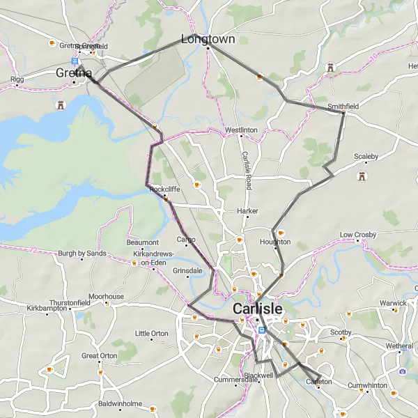 Map miniature of "Gretna to Carlisle Loop" cycling inspiration in Southern Scotland, United Kingdom. Generated by Tarmacs.app cycling route planner