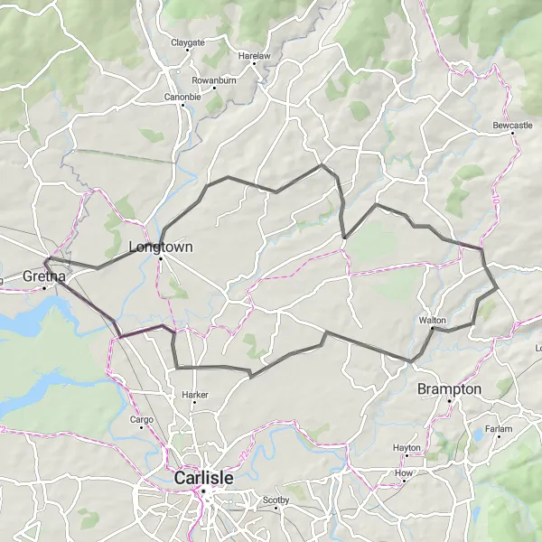 Map miniature of "Gretna Green and Beyond" cycling inspiration in Southern Scotland, United Kingdom. Generated by Tarmacs.app cycling route planner