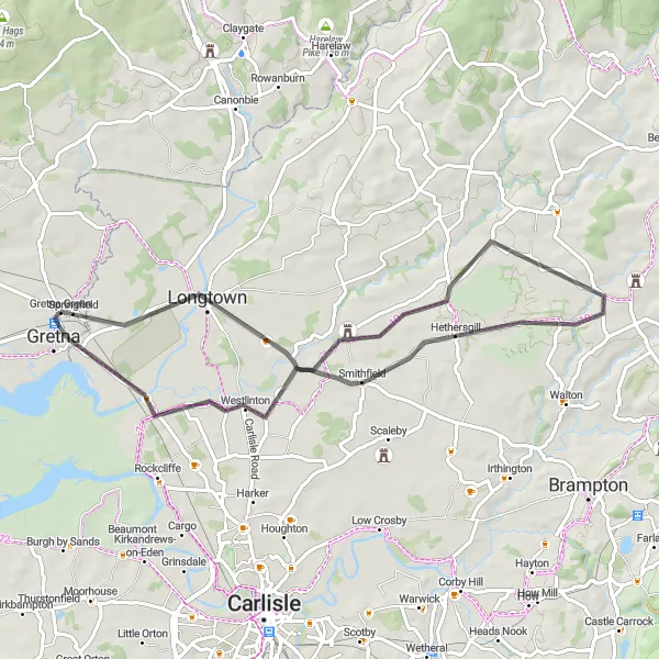 Map miniature of "Gretna Green Loop" cycling inspiration in Southern Scotland, United Kingdom. Generated by Tarmacs.app cycling route planner