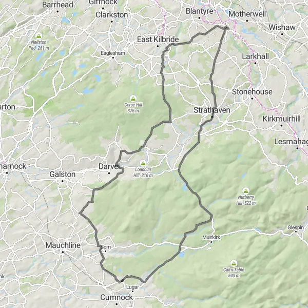 Map miniature of "Castles and Hills" cycling inspiration in Southern Scotland, United Kingdom. Generated by Tarmacs.app cycling route planner