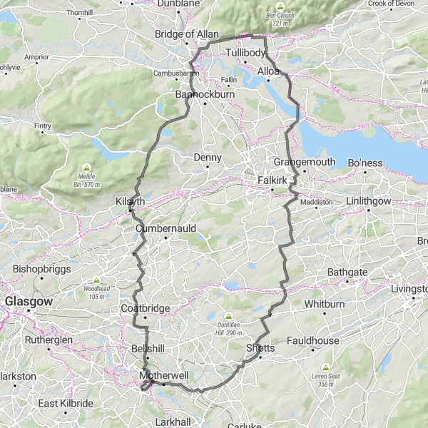 Map miniature of "Hamilton to Bellshill Round-Trip" cycling inspiration in Southern Scotland, United Kingdom. Generated by Tarmacs.app cycling route planner
