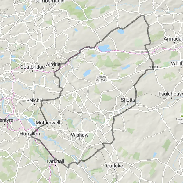 Map miniature of "Holytown to Hamilton Loop" cycling inspiration in Southern Scotland, United Kingdom. Generated by Tarmacs.app cycling route planner