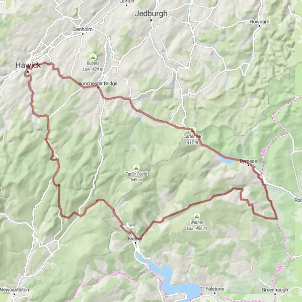 Map miniature of "The Borderland Gravel Adventure" cycling inspiration in Southern Scotland, United Kingdom. Generated by Tarmacs.app cycling route planner