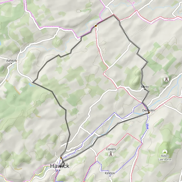 Map miniature of "Denholm Loop" cycling inspiration in Southern Scotland, United Kingdom. Generated by Tarmacs.app cycling route planner