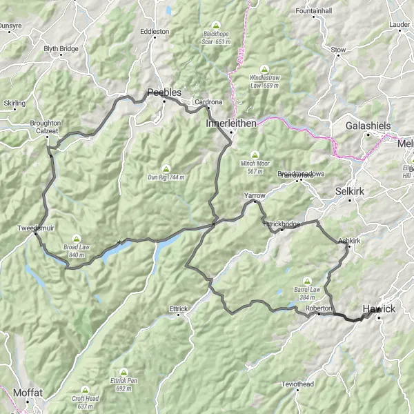 Map miniature of "Hawick and Scottish Borders Grand Tour" cycling inspiration in Southern Scotland, United Kingdom. Generated by Tarmacs.app cycling route planner