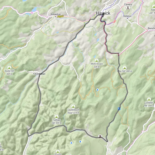 Map miniature of "Whiskey and Hills Road Loop" cycling inspiration in Southern Scotland, United Kingdom. Generated by Tarmacs.app cycling route planner