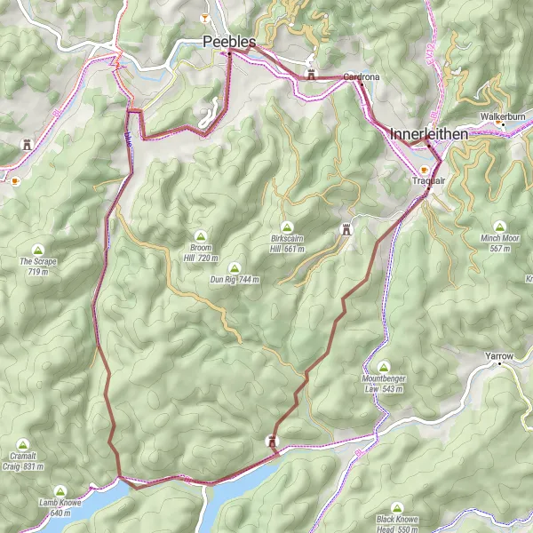 Map miniature of "Innerleithen Gravel Adventure" cycling inspiration in Southern Scotland, United Kingdom. Generated by Tarmacs.app cycling route planner