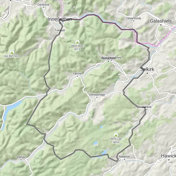 Map miniature of "Selkirk Adventure with Cacra Hill and Meg's Hill" cycling inspiration in Southern Scotland, United Kingdom. Generated by Tarmacs.app cycling route planner