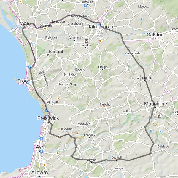 Map miniature of "East Ayrshire Loop" cycling inspiration in Southern Scotland, United Kingdom. Generated by Tarmacs.app cycling route planner