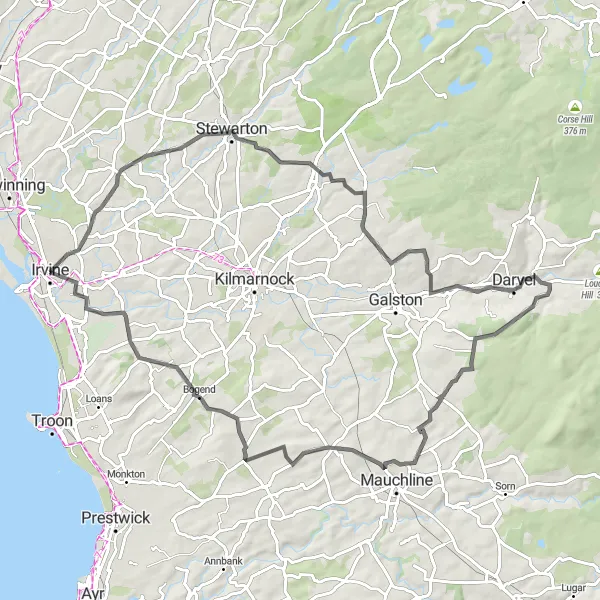 Map miniature of "Moscow to Irvine Ride" cycling inspiration in Southern Scotland, United Kingdom. Generated by Tarmacs.app cycling route planner