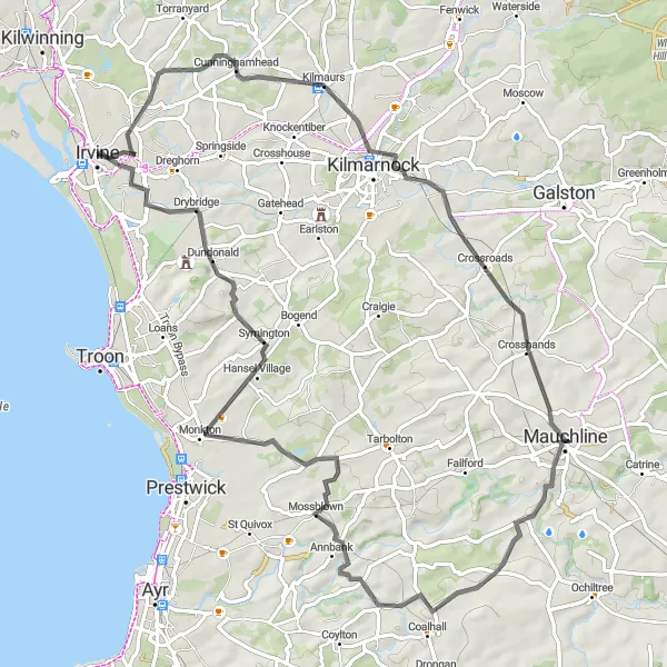 Map miniature of "Cunninghamhead to Irvine" cycling inspiration in Southern Scotland, United Kingdom. Generated by Tarmacs.app cycling route planner