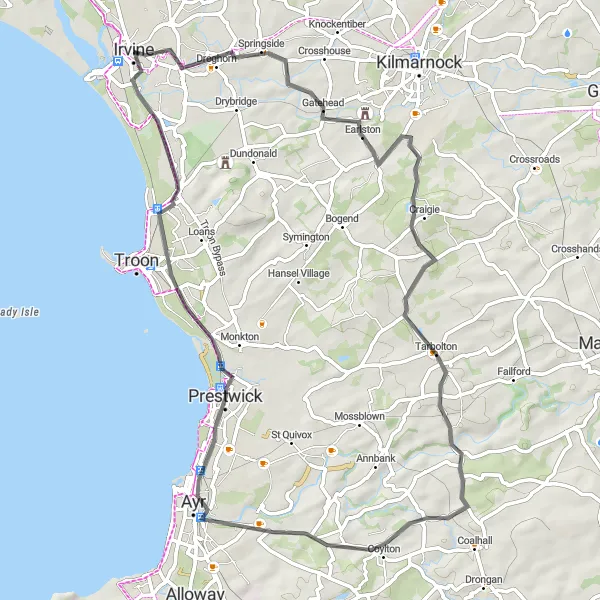 Map miniature of "Dreghorn to Irvine" cycling inspiration in Southern Scotland, United Kingdom. Generated by Tarmacs.app cycling route planner