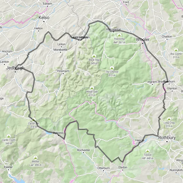 Map miniature of "The Borderland Adventure" cycling inspiration in Southern Scotland, United Kingdom. Generated by Tarmacs.app cycling route planner