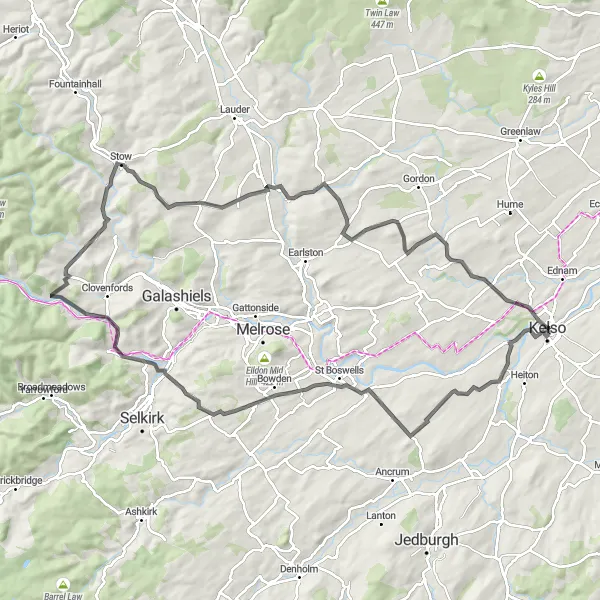 Map miniature of "Kelso to Mellerstain House" cycling inspiration in Southern Scotland, United Kingdom. Generated by Tarmacs.app cycling route planner