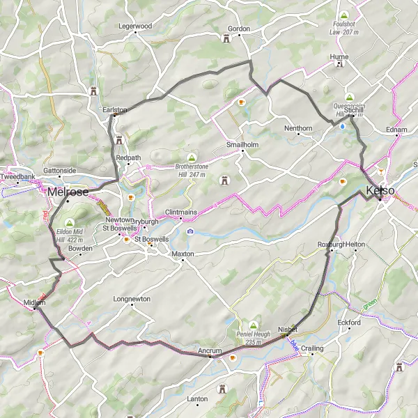 Map miniature of "Kelso to Belses and Leaderfoot Viaduct" cycling inspiration in Southern Scotland, United Kingdom. Generated by Tarmacs.app cycling route planner