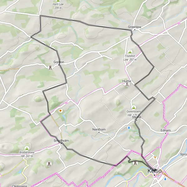 Map miniature of "Kelso Countryside Loop" cycling inspiration in Southern Scotland, United Kingdom. Generated by Tarmacs.app cycling route planner