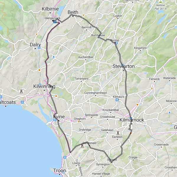 Map miniature of "Kilbirnie to Kilmarnock Loop" cycling inspiration in Southern Scotland, United Kingdom. Generated by Tarmacs.app cycling route planner