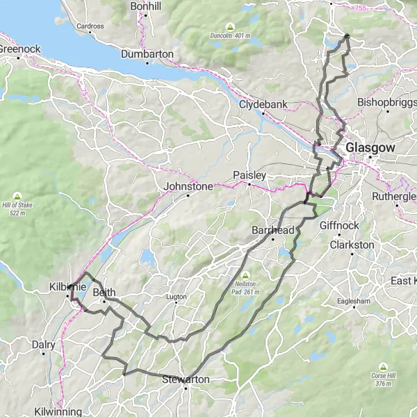 Map miniature of "Kilbirnie to Dunlop Circuit" cycling inspiration in Southern Scotland, United Kingdom. Generated by Tarmacs.app cycling route planner