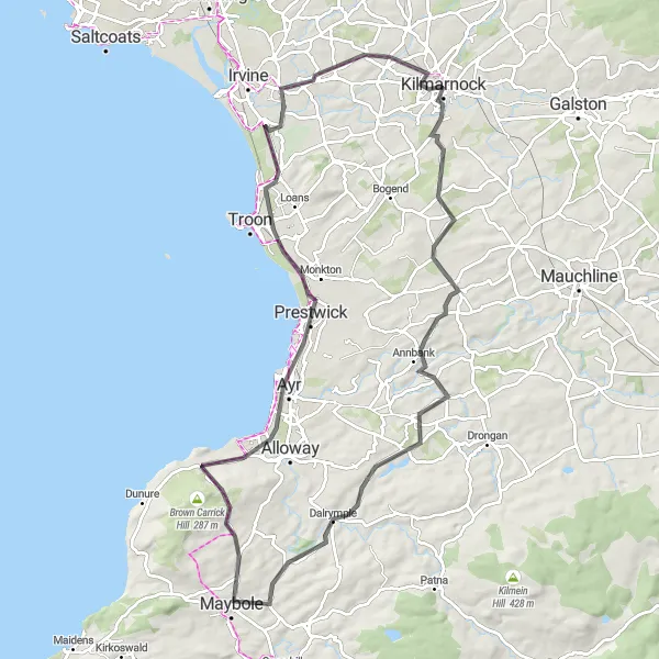 Map miniature of "Kilmarnock and its Surroundings" cycling inspiration in Southern Scotland, United Kingdom. Generated by Tarmacs.app cycling route planner