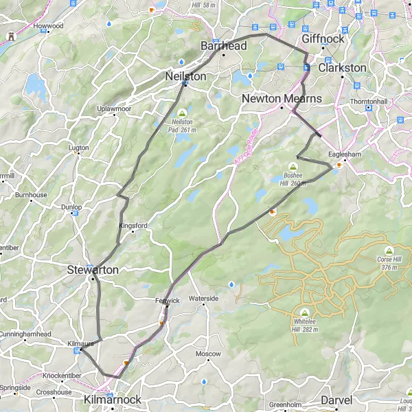 Map miniature of "Kilmaurs to Stewarton and Surrounding Area" cycling inspiration in Southern Scotland, United Kingdom. Generated by Tarmacs.app cycling route planner