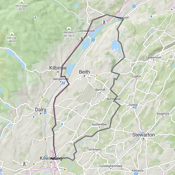 Map miniature of "The Lochwinnoch Loop" cycling inspiration in Southern Scotland, United Kingdom. Generated by Tarmacs.app cycling route planner