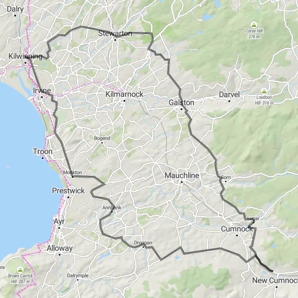 Map miniature of "The Galston Adventure" cycling inspiration in Southern Scotland, United Kingdom. Generated by Tarmacs.app cycling route planner
