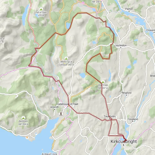 Map miniature of "Kirkcudbright Loop" cycling inspiration in Southern Scotland, United Kingdom. Generated by Tarmacs.app cycling route planner