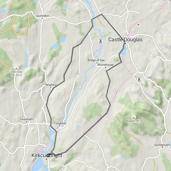 Map miniature of "Ringford Loop" cycling inspiration in Southern Scotland, United Kingdom. Generated by Tarmacs.app cycling route planner
