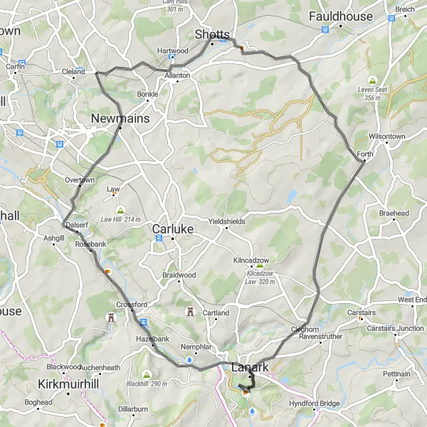 Map miniature of "The Shotts Ride" cycling inspiration in Southern Scotland, United Kingdom. Generated by Tarmacs.app cycling route planner