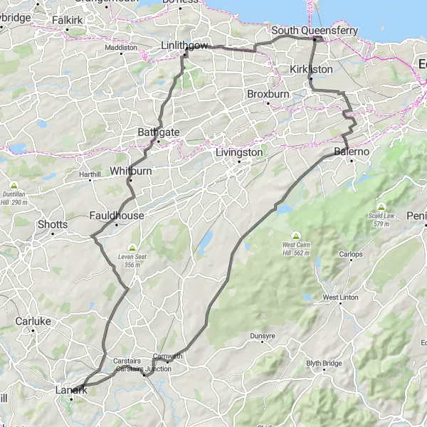Map miniature of "Fauldhouse and Forth Bridges Exploration" cycling inspiration in Southern Scotland, United Kingdom. Generated by Tarmacs.app cycling route planner