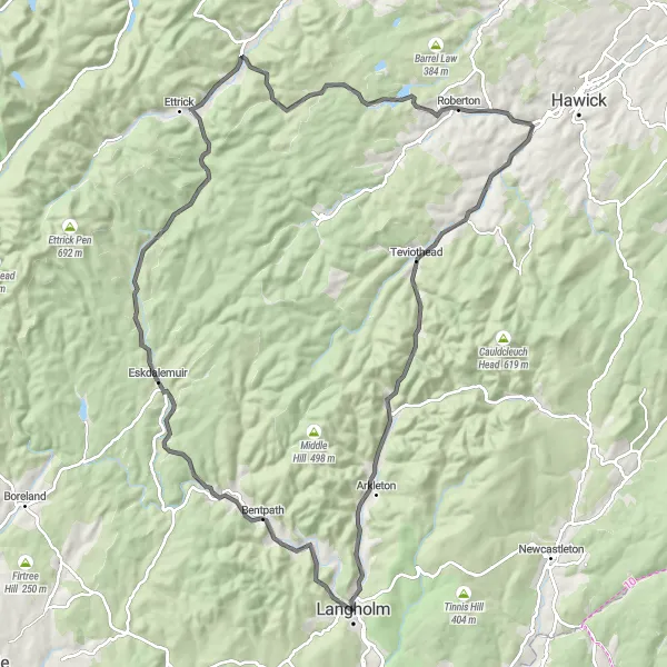 Map miniature of "Eskdalemuir and Arkleton Circuit" cycling inspiration in Southern Scotland, United Kingdom. Generated by Tarmacs.app cycling route planner