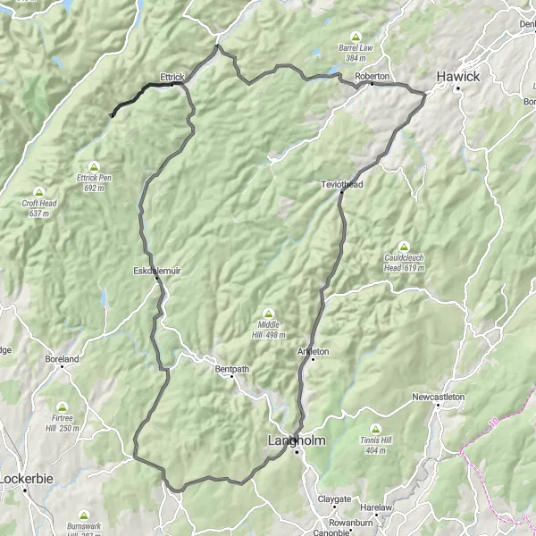 Map miniature of "Epic Road Tour via Standingstone Edge and Ettrick" cycling inspiration in Southern Scotland, United Kingdom. Generated by Tarmacs.app cycling route planner