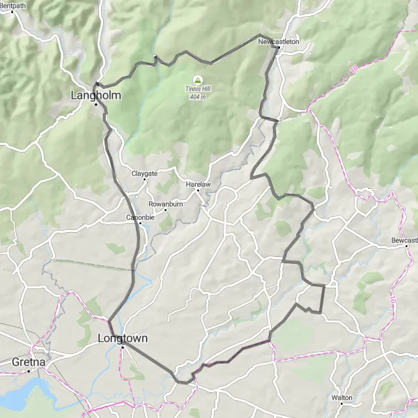 Map miniature of "Road Cycling Excursion through Park Hill and Longtown" cycling inspiration in Southern Scotland, United Kingdom. Generated by Tarmacs.app cycling route planner