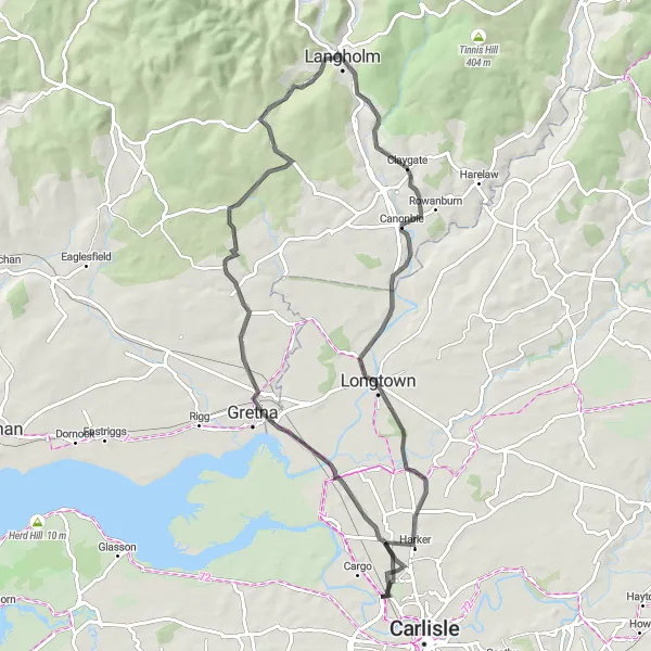 Map miniature of "Scenic Loop through Canonbie and Gretna Green" cycling inspiration in Southern Scotland, United Kingdom. Generated by Tarmacs.app cycling route planner