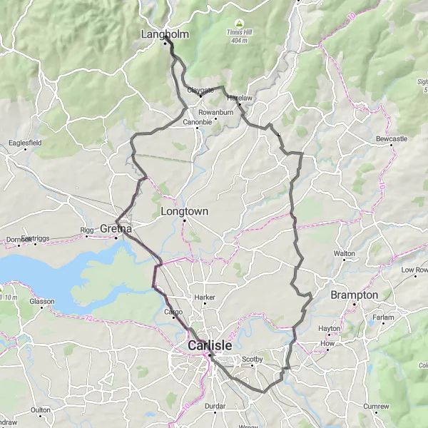 Map miniature of "Cultural Exploration via Harelaw Pike and Gilnockie Tower" cycling inspiration in Southern Scotland, United Kingdom. Generated by Tarmacs.app cycling route planner