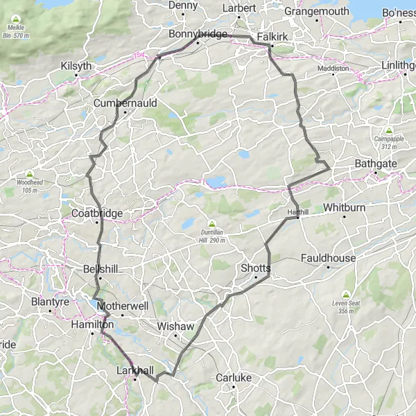 Map miniature of "Larkhall to Bonnybridge Loop" cycling inspiration in Southern Scotland, United Kingdom. Generated by Tarmacs.app cycling route planner